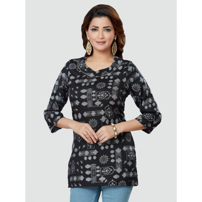 Casual 3/4 Sleeves Printed Rayon Short Top (Black)