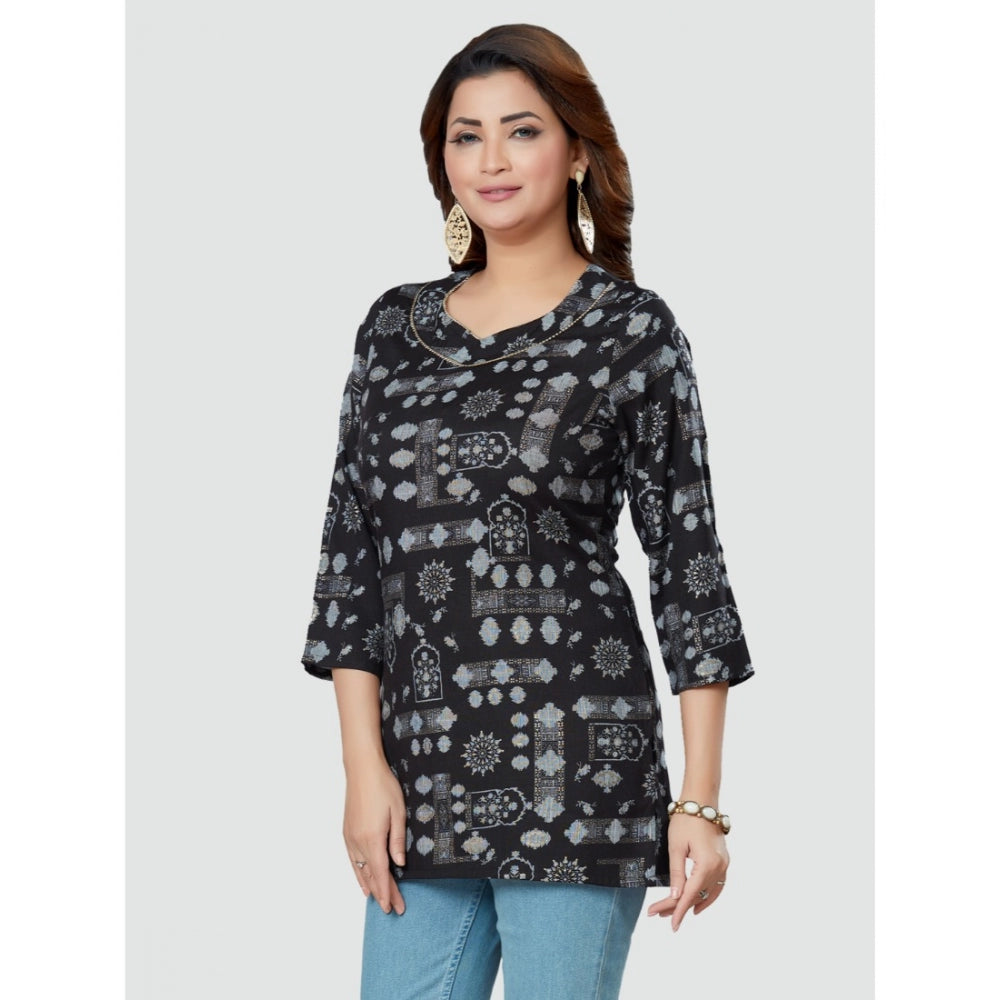 Casual 3/4 Sleeves Printed Rayon Short Top (Black)