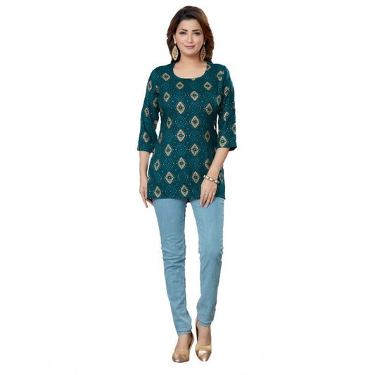 Casual 3/4 Sleeves Printed Rayon Short Top (Green)