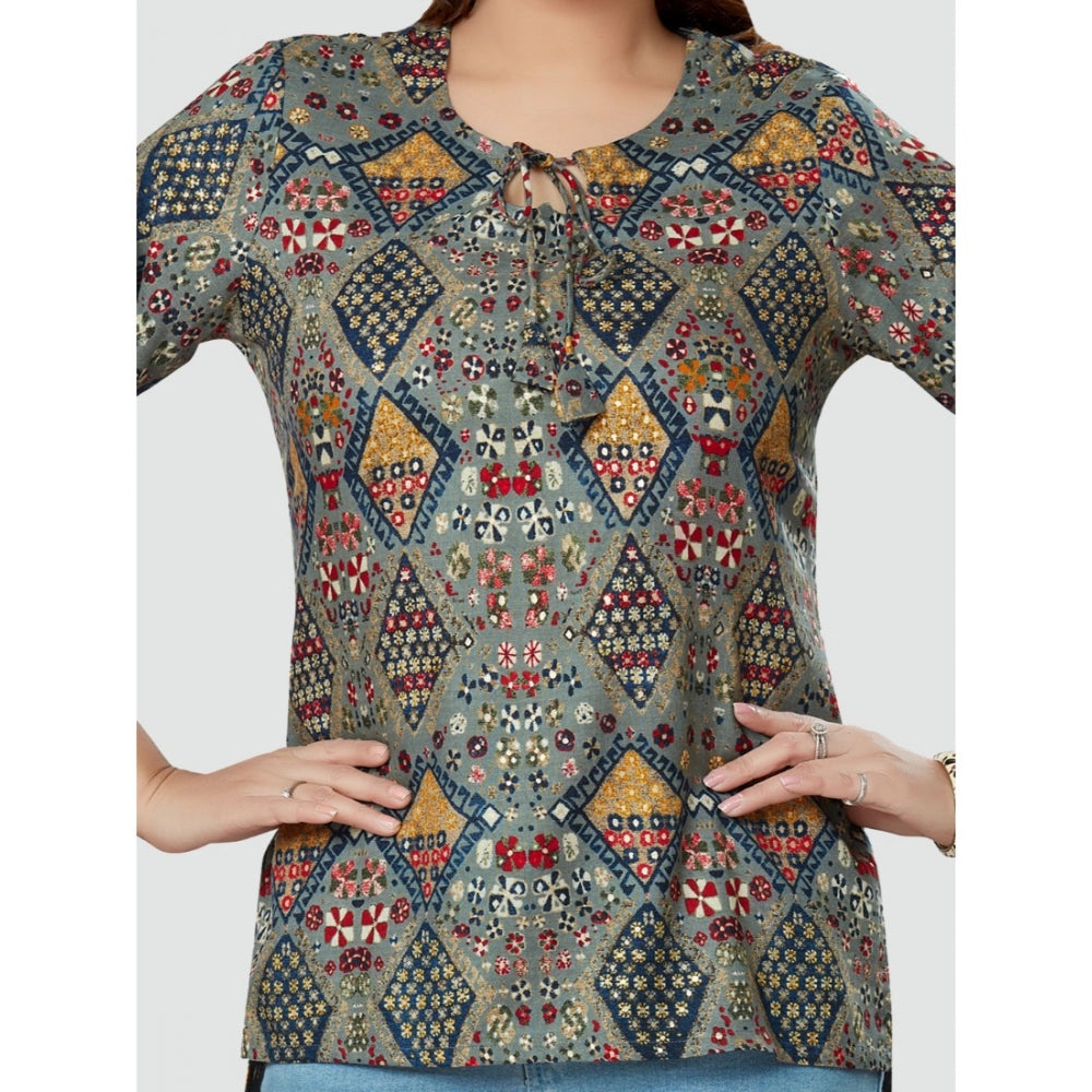 Casual 3/4 Sleeves Printed Rayon Short Top (Multicolor)