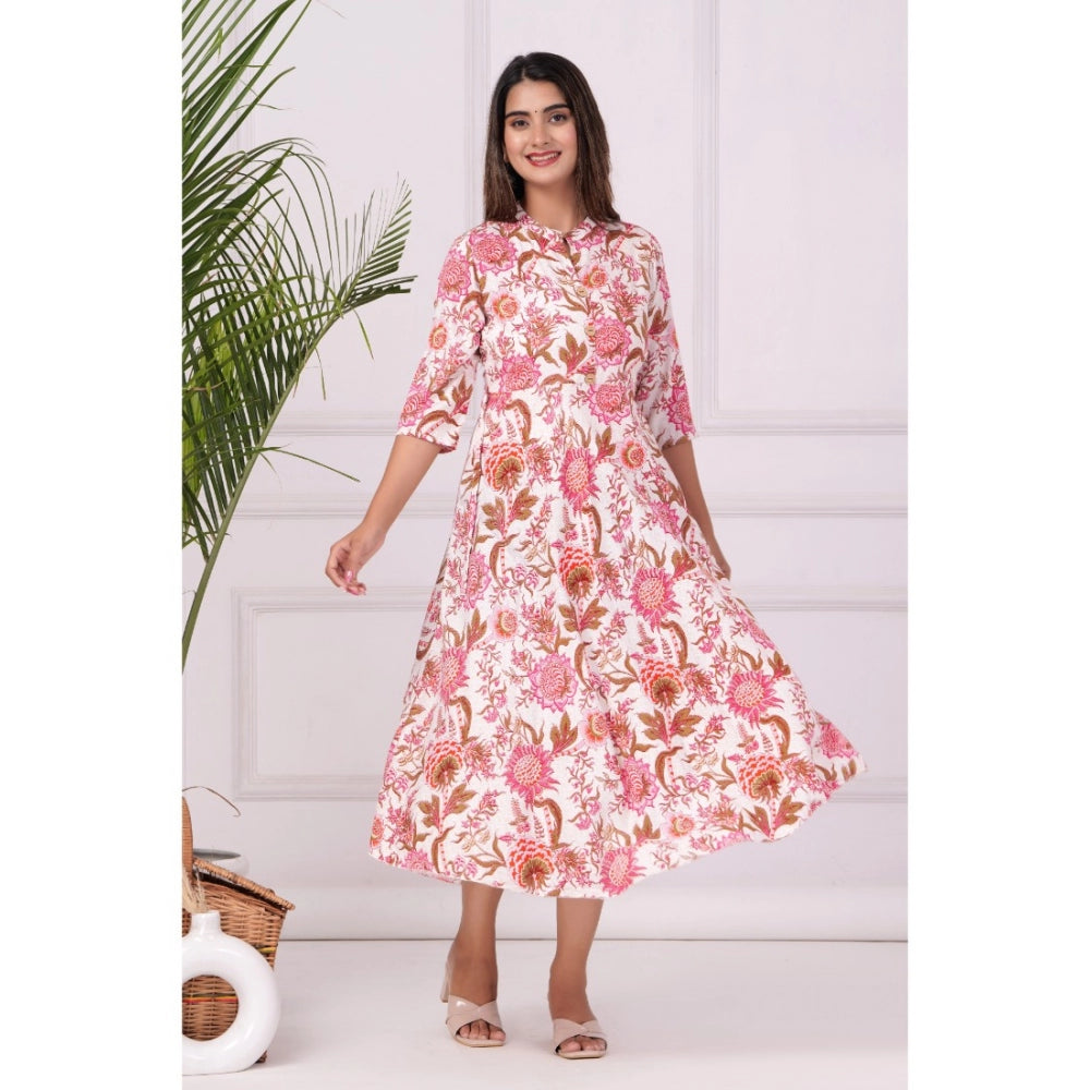 Casual 3/4 Sleeve Printed Rayon Anarkali Gown (Pink)