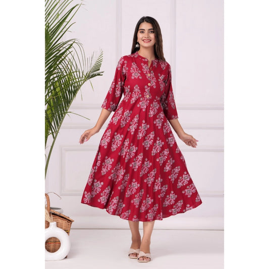 Casual 3/4 Sleeve Printed Rayon Anarkali Gown (Maroon)