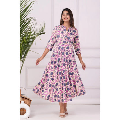 Casual 3/4 Sleeve Printed Rayon Anarkali Gown (Purple)