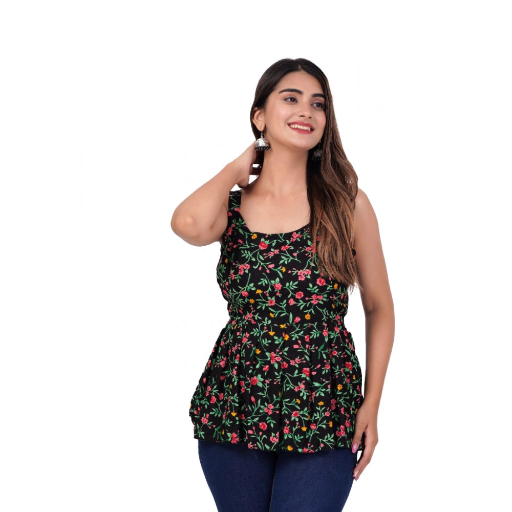 Casual Sleeve Less Printed Rayon Top (Black)