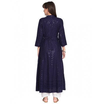 Casual 3/4th Sleeve Chikan Embroidery Cotton Kurti (Navy)