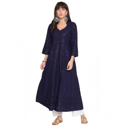 Casual 3/4th Sleeve Chikan Embroidery Cotton Kurti (Navy)