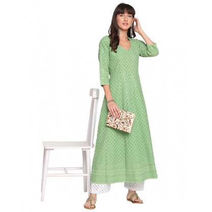 Casual 3/4th Sleeve Chikan Embroidery Cotton Kurti (Mint)