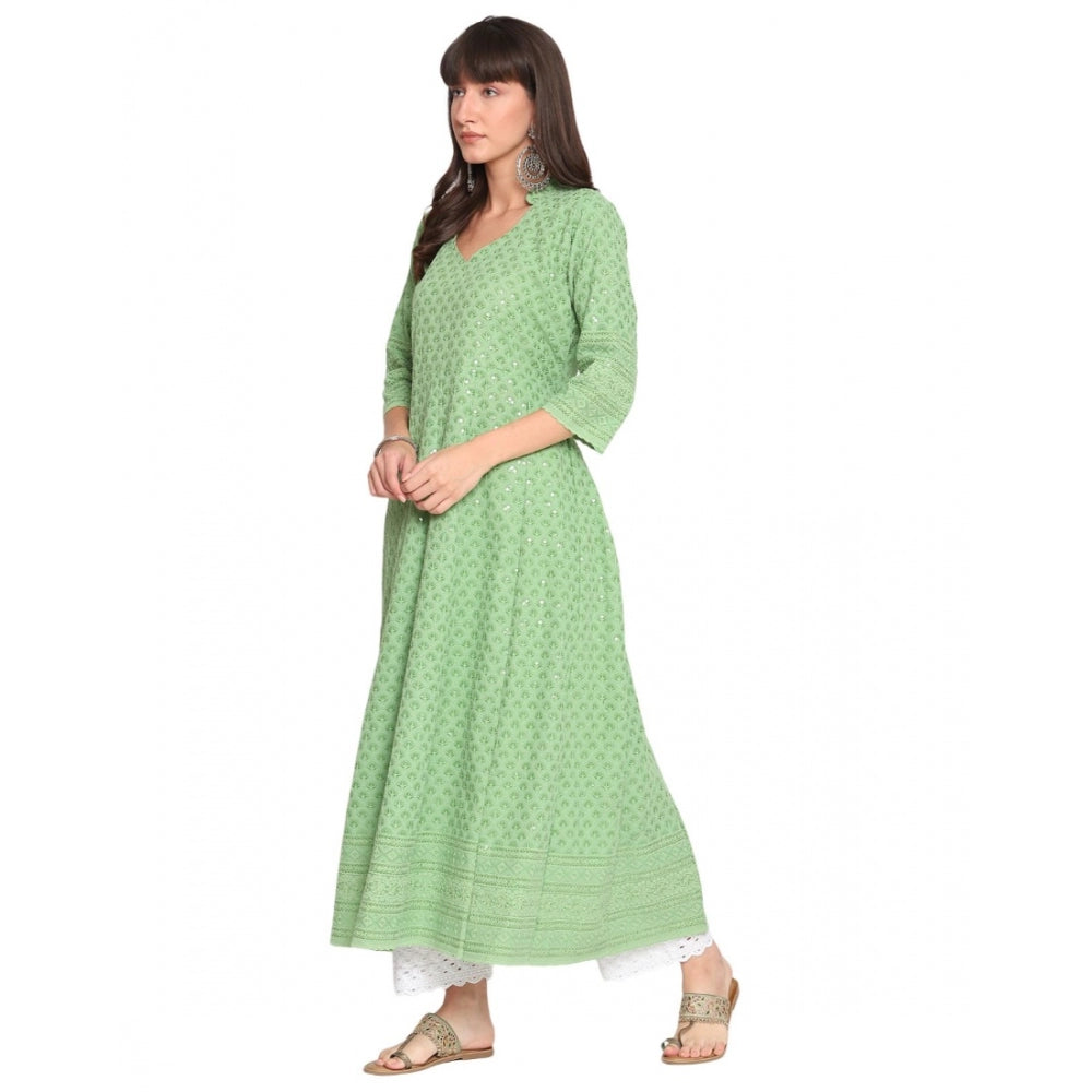 Casual 3/4th Sleeve Chikan Embroidery Cotton Kurti (Mint)