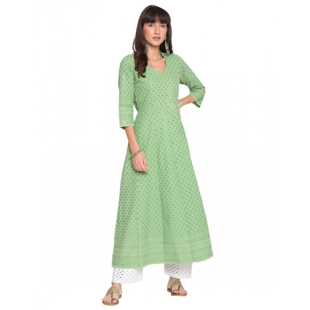 Casual 3/4th Sleeve Chikan Embroidery Cotton Kurti (Mint)