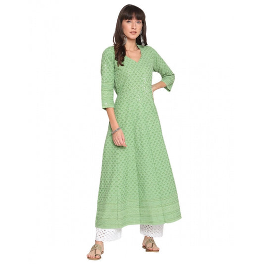 Casual 3/4th Sleeve Chikan Embroidery Cotton Kurti (Mint)