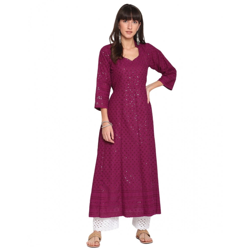 Casual 3/4th Sleeve Chikan Embroidery Cotton Kurti (Majenta)