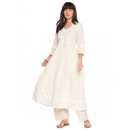 Casual 3/4th Sleeve Embroidered Cotton Kurti (Cream)