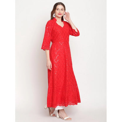 Casual 3/4th Sleeve Embroidered Cotton Kurti (Red)