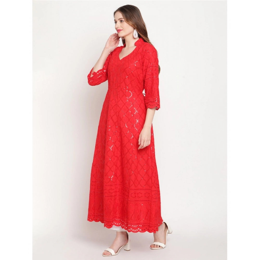 Casual 3/4th Sleeve Embroidered Cotton Kurti (Red)