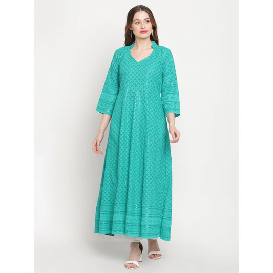 Casual 3/4th Sleeve Chikan Embroidery Cotton Kurti (Sea Green)