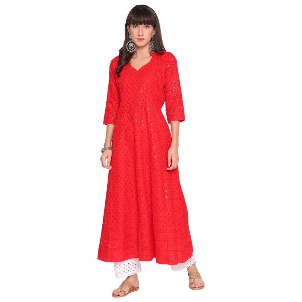 Casual 3/4th Sleeve Chikan Embroidery Cotton Kurti (Red)