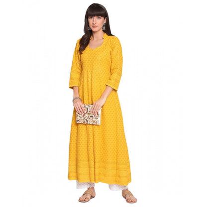 Casual 3/4th Sleeve Chikan Embroidery Cotton Kurti (Yellow)