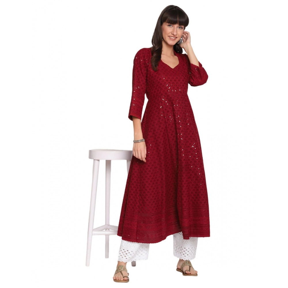 Casual 3/4th Sleeve Chikan Embroidery Cotton Kurti (Maroon)