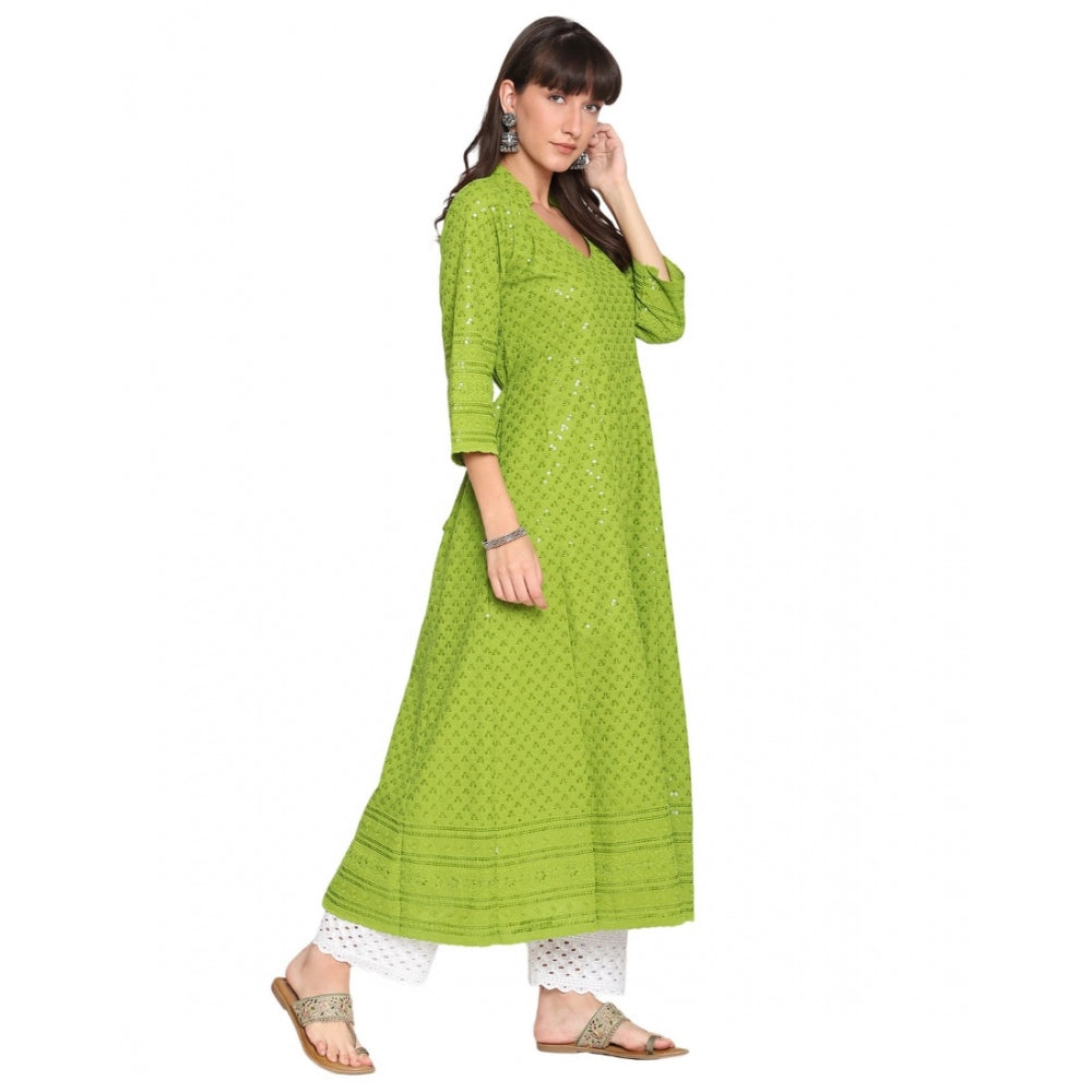 Casual 3/4th Sleeve Chikan Embroidery Cotton Kurti (Green)