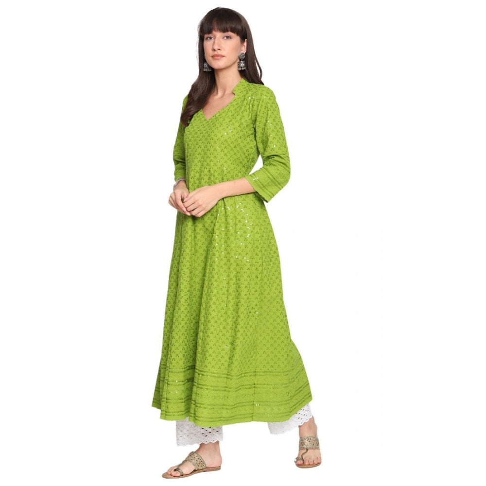 Casual 3/4th Sleeve Chikan Embroidery Cotton Kurti (Green)