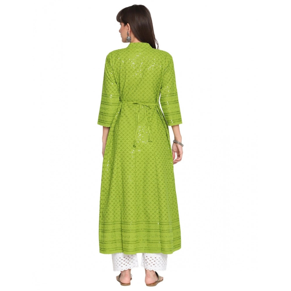 Casual 3/4th Sleeve Chikan Embroidery Cotton Kurti (Green)