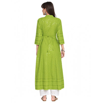 Casual 3/4th Sleeve Chikan Embroidery Cotton Kurti (Green)