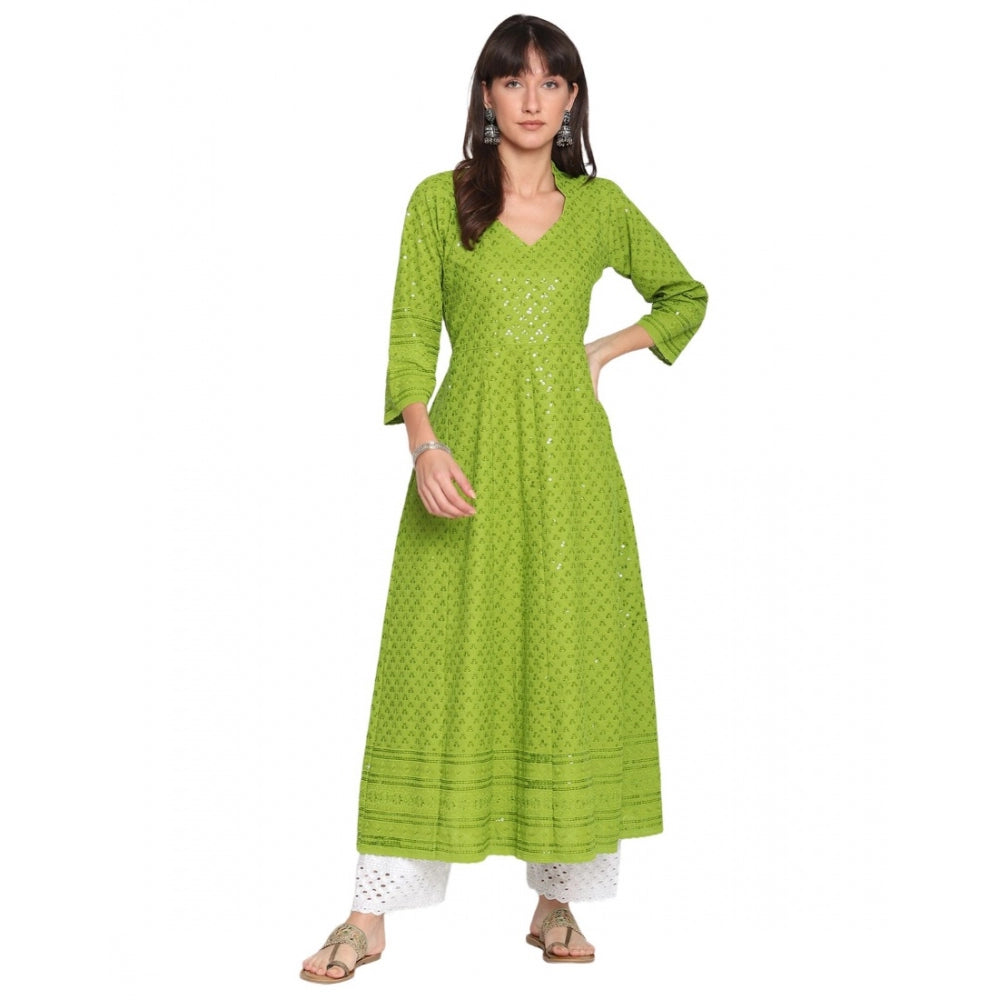 Casual 3/4th Sleeve Chikan Embroidery Cotton Kurti (Green)