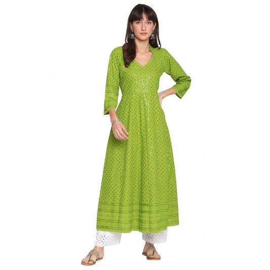 Casual 3/4th Sleeve Chikan Embroidery Cotton Kurti (Green)