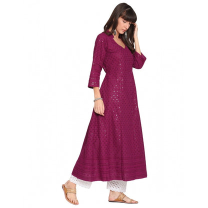 Casual 3/4th Sleeve Chikan Embroidery Cotton Kurti (Majenta)