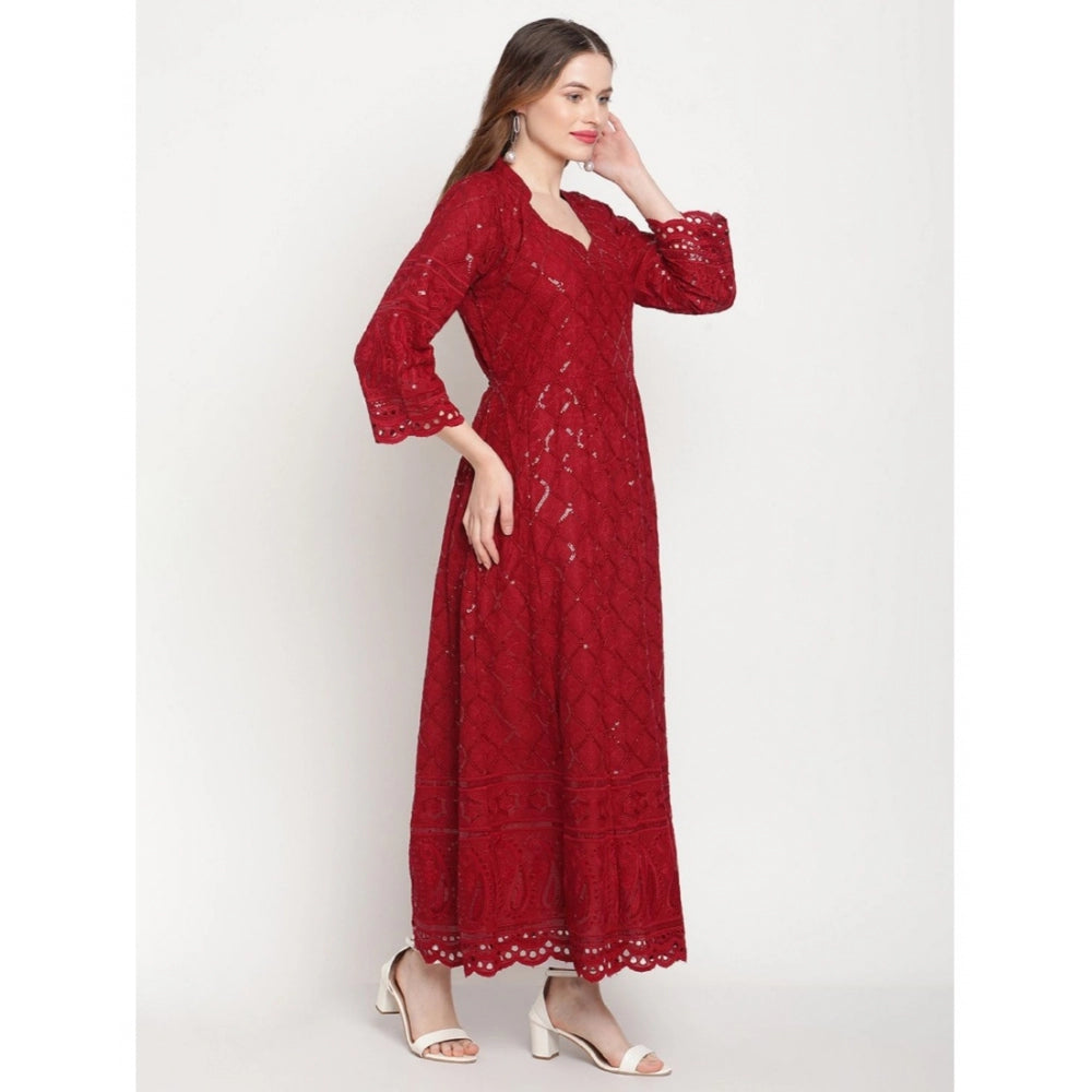 Casual 3/4th Sleeve Embroidered Cotton Kurti (Maroon)