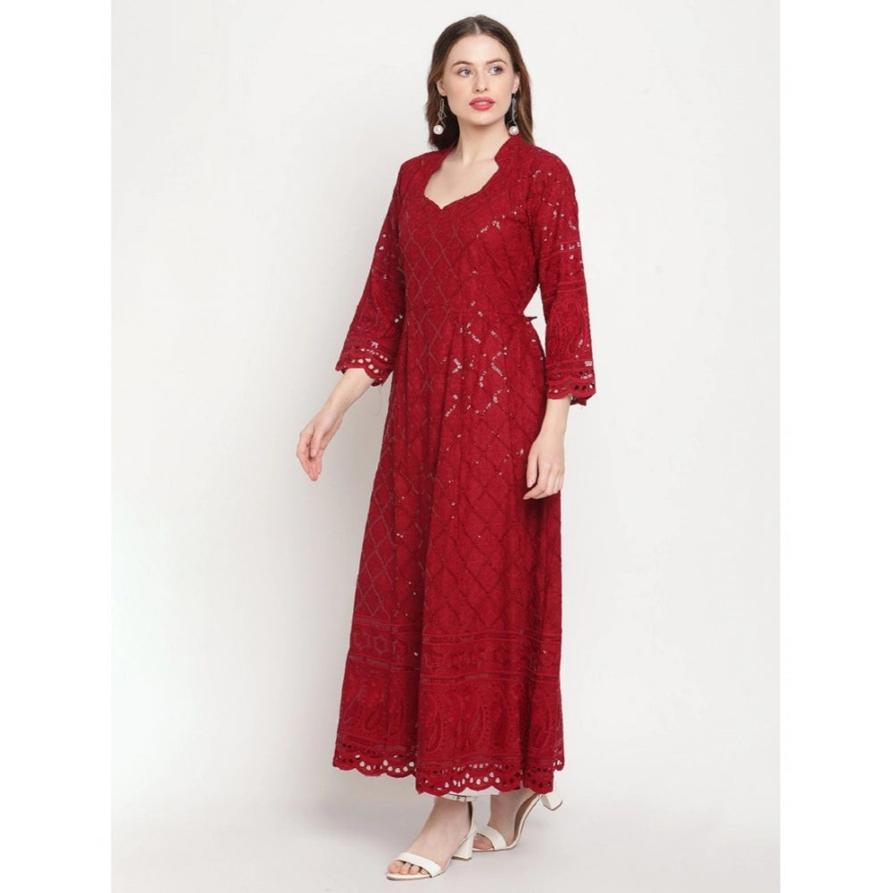 Casual 3/4th Sleeve Embroidered Cotton Kurti (Maroon)