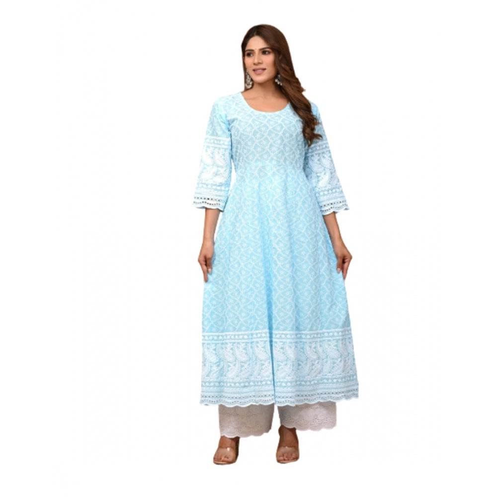 Casual 3/4th Sleeve Embroidered Cotton Kurti Set (Turquoise)