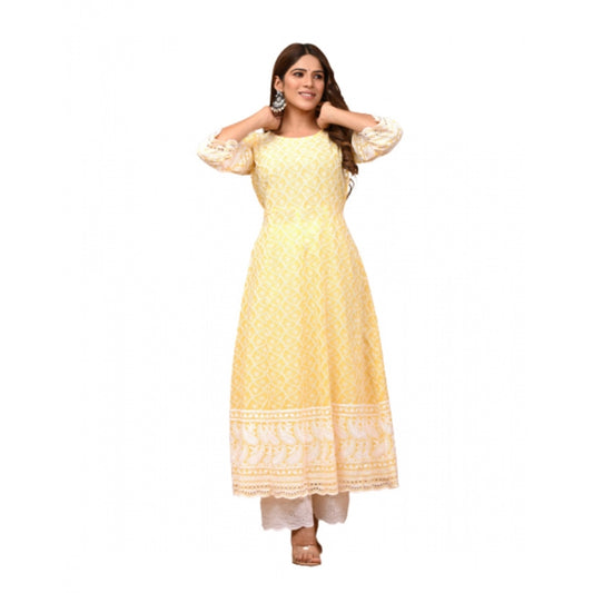 Casual 3/4th Sleeve Embroidered Cotton Kurti Set (Yellow)