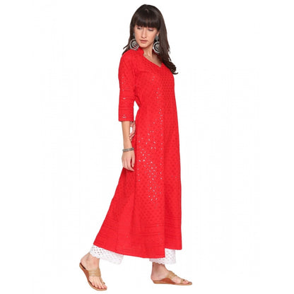 Casual 3/4th Sleeve Chikan Embroidery Cotton Kurti (Red)