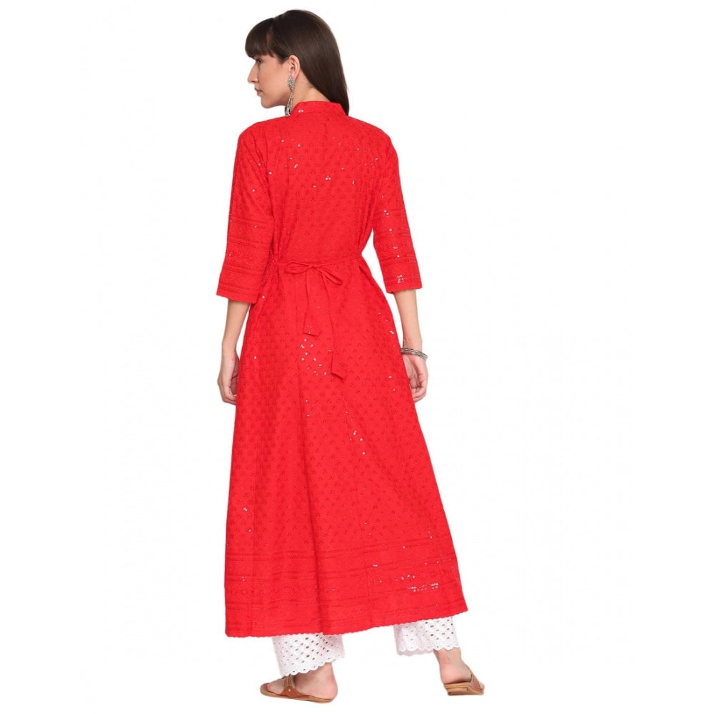 Casual 3/4th Sleeve Chikan Embroidery Cotton Kurti (Red)