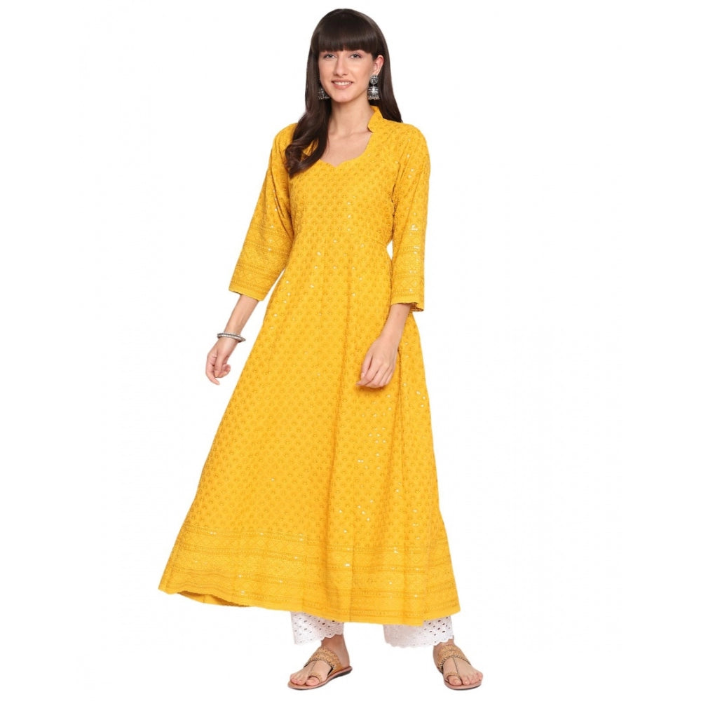 Casual 3/4th Sleeve Chikan Embroidery Cotton Kurti (Yellow)