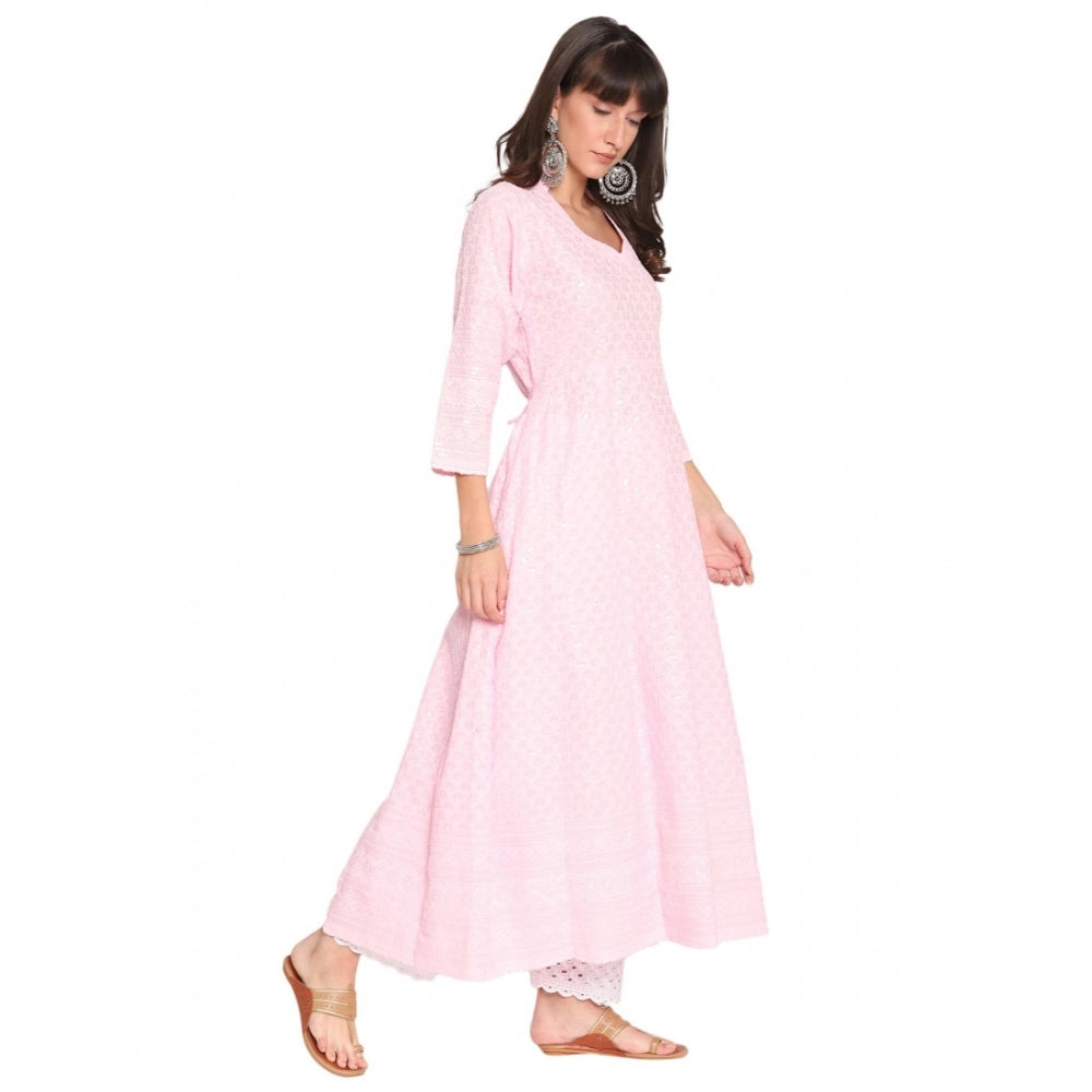 Casual 3/4th Sleeve Chikan Embroidery Cotton Kurti (Pink)