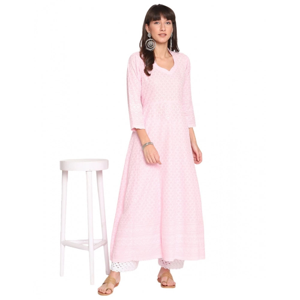 Casual 3/4th Sleeve Chikan Embroidery Cotton Kurti (Pink)