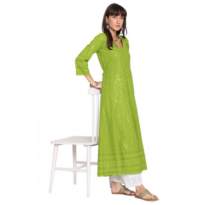 Casual 3/4th Sleeve Chikan Embroidery Cotton Kurti (Green)