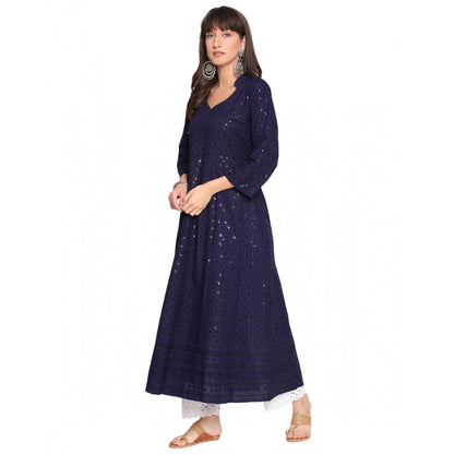 Casual 3/4th Sleeve Chikan Embroidery Cotton Kurti (Navy)