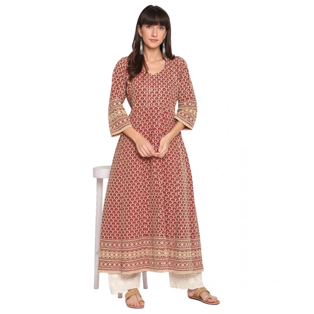 Casual 3/4th Sleeve Chikan Embroidery Cotton Kurti (Red)