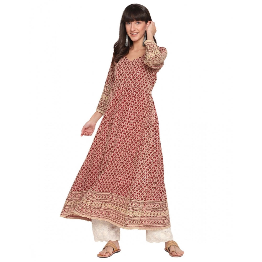 Casual 3/4th Sleeve Chikan Embroidery Cotton Kurti (Red)