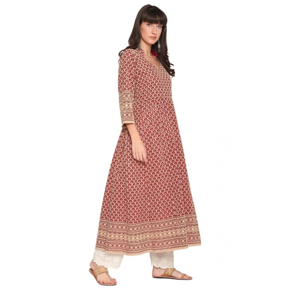 Casual 3/4th Sleeve Chikan Embroidery Cotton Kurti (Red)