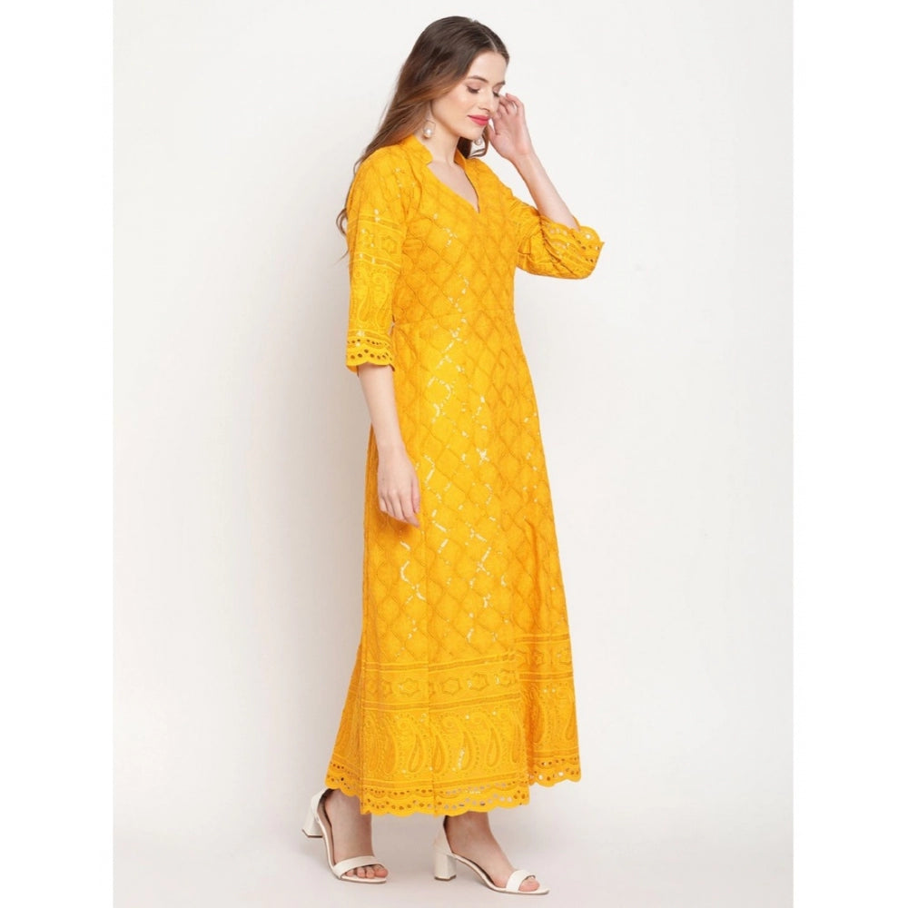 Casual 3/4th Sleeve Embroidered Cotton Kurti (Mustard)