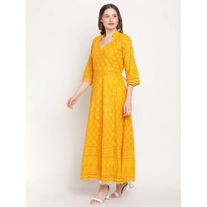 Casual 3/4th Sleeve Embroidered Cotton Kurti (Mustard)