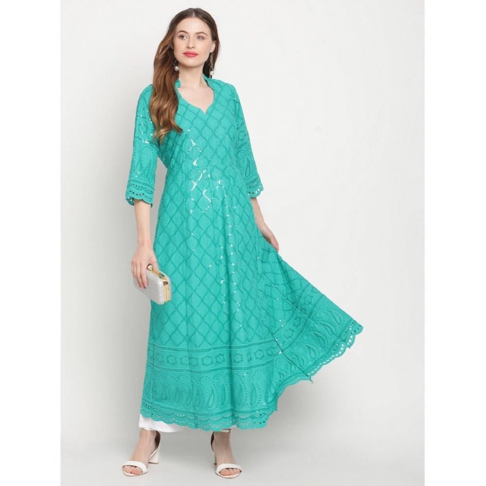 Casual 3/4th Sleeve Embroidered Cotton Kurti (Blue)