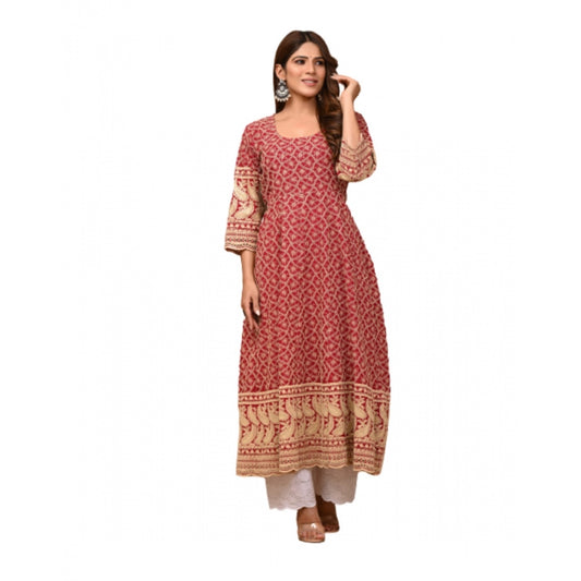 Casual 3/4th Sleeve Embroidered Cotton Kurti Set (Red)