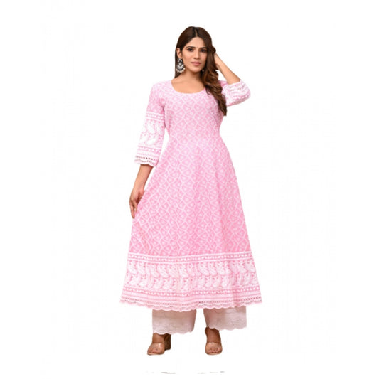 Casual 3/4th Sleeve Embroidered Cotton Kurti Set (Pink)