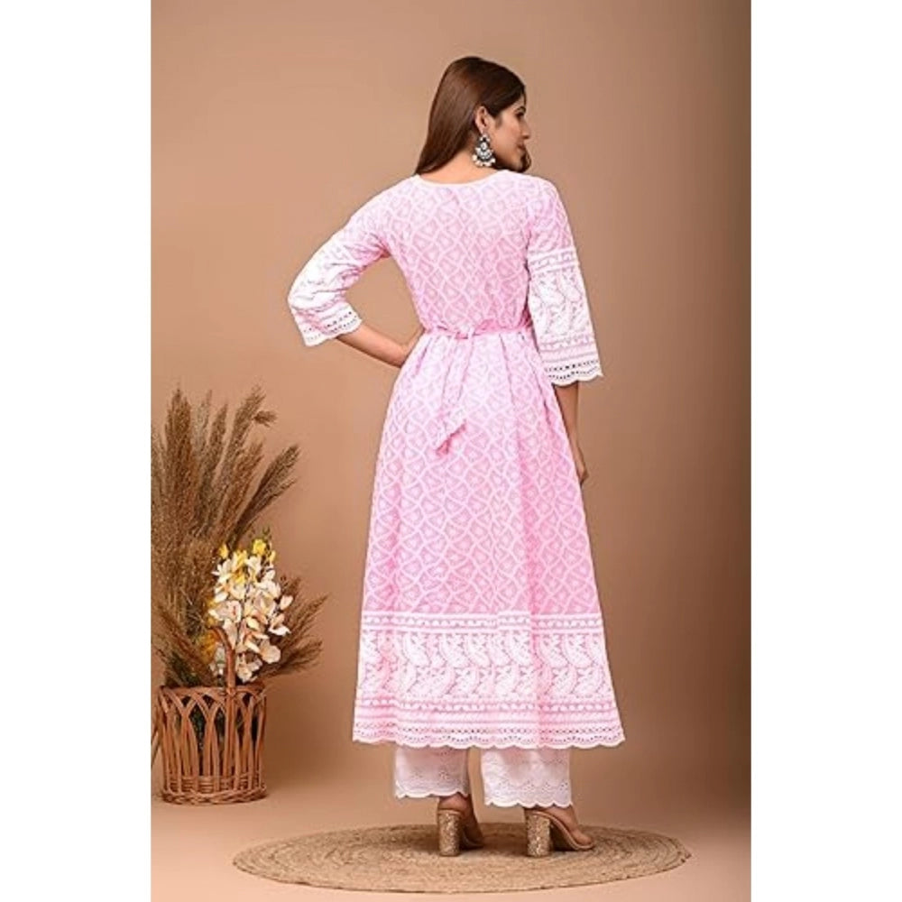 Casual 3/4th Sleeve Embroidered Cotton Kurti Set (Pink)