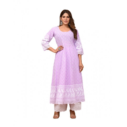 Casual 3/4th Sleeve Embroidered Cotton Kurti Set (Purple)